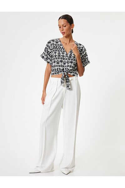 Koton V-Neck Linen Blended Crop Shirt with Tie Detail - Short Sleeve