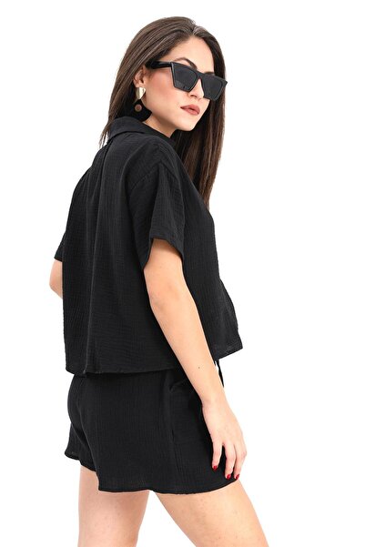 VAPUR TEKSTİL Black Muslin Set Shirt and Shorts