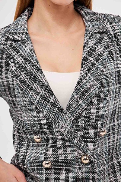 armonika Women's Turquoise-White Double Breasted Collar Tweed Crop Jacket Arm-24K 001014