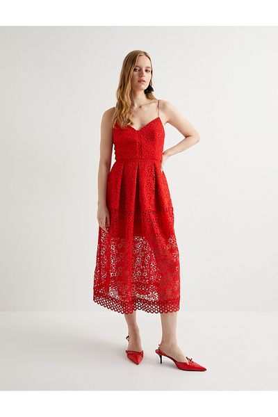 Koton Midi Length Floral Patterned Lace Evening Dress - Sweetheart Neckline with Thin Straps and Pockets