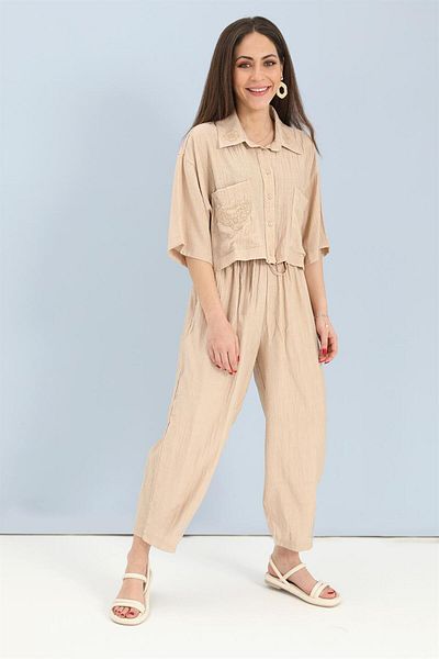 VAPUR TEKSTİL Beige Viscose Set - Embroidery Detailed Shirt and Trousers
