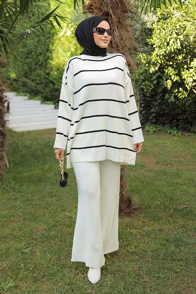 MİSSKAYLE Λευκό πλεκτό σετ - Stripe Detailed 1223