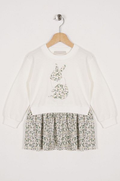 zepkids Crew Neck Long Sleeve Rabbit Printed Ecru Color Girl's Skirt Suit