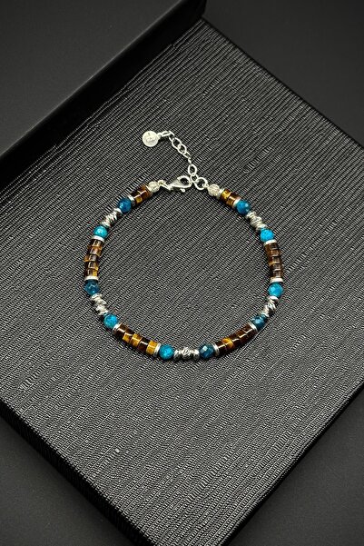 FRNCH 925 Ayar Gümüş Apatit ve Kaplan Gözü Doğal Taşlı Çok Renkli Erkek Bilek...