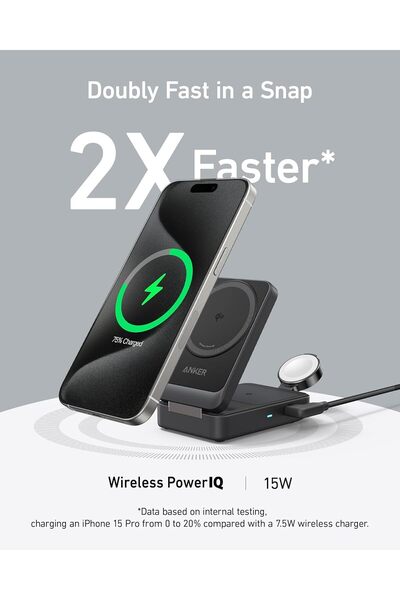 Anker محطة شحن لاسلكية 3 في 1 ماج سيف 15 وات لأجهزة آبل، باللون الأسود