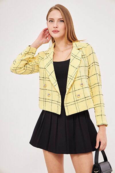 armonika Women's Yellow-Black Double Breasted Collar Tweed Crop Jacket Arm-24K 001014