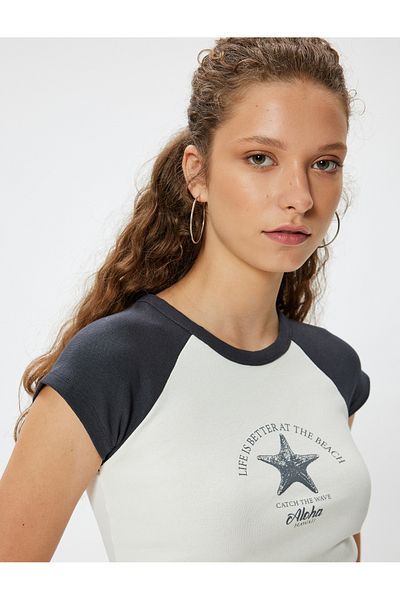 Koton Crew Neck Slim Fit T-Shirt - Reglan Sleeves and Slogan Printed