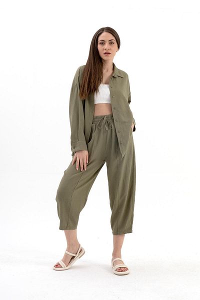 VAPUR TEKSTİL Khaki Linen Double Set - Crinkle Fabric