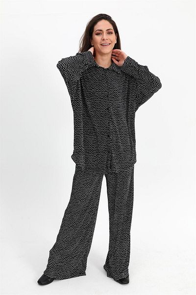 VAPUR TEKSTİL Black Polka Dot Patterned Knitted Set with Pleats - Stylish Design