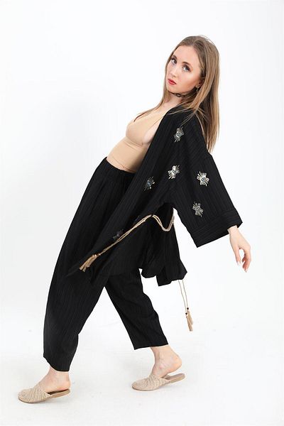 VAPUR TEKSTİL Black Linen Kimono Set - Eye Embroidered