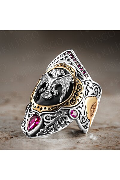 Takılingo 925 Ayar Gümüş 3D Çift Başlı Kartal Motifli Ayarlanabilir Zihgir Ba...