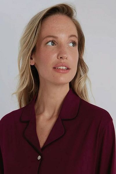 Eros Long Sleeve Front Button Shirt Women's Pajamas Set Solid Color