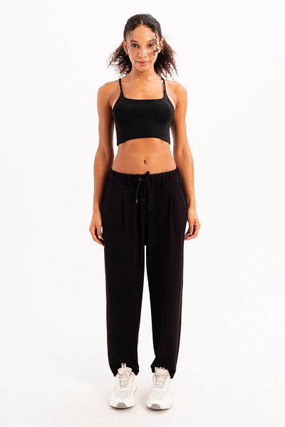 JUSTEVER Дамски спортен панталон Oversize Fit с ластична талия и джоб, свободна кройка, черен - Flex