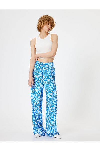 Koton Ethnic Printed Wide Leg Viscose Trousers - Waist Lace-up