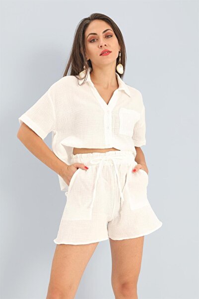 VAPUR TEKSTİL Ecru Muslin Set Shirt and Shorts