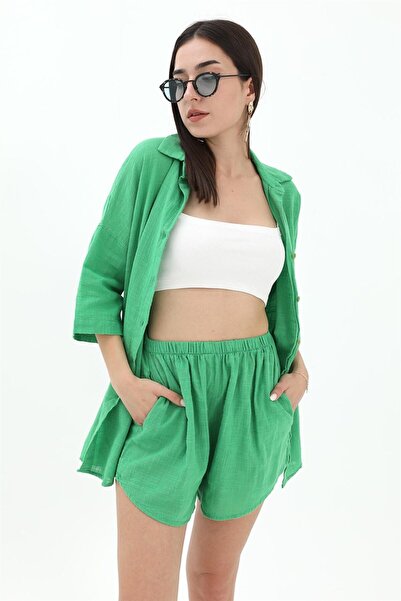 VAPUR TEKSTİL Cotton Linen Shorts Shirt Women's Two Piece Set - Green