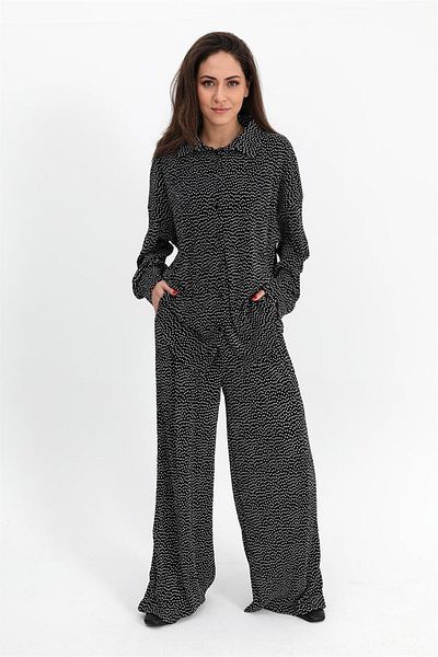 VAPUR TEKSTİL Black Polka Dot Patterned Knitted Set with Pleats - Stylish Design