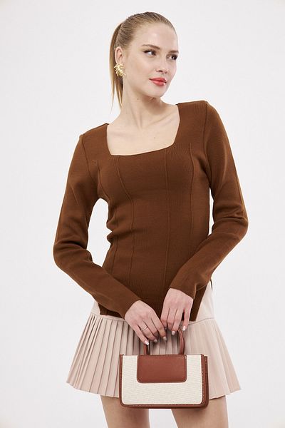 armonika Women's Brown Square Neck Knitwear Blouse Arm-25K 012013