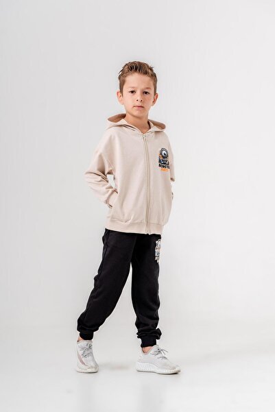 Mışıl Kids طقم بدلة رياضية للأولاد - طباعة وحش، غطاء رأس، تفاصيل طباعة الساق