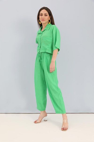 VAPUR TEKSTİL Green Viscose Shirt and Trousers Set - Embroidery Detail