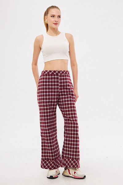 armonika Claret Red-White Detailed Palazzo Women's Trousers with Pockets - Arm-25K 001018