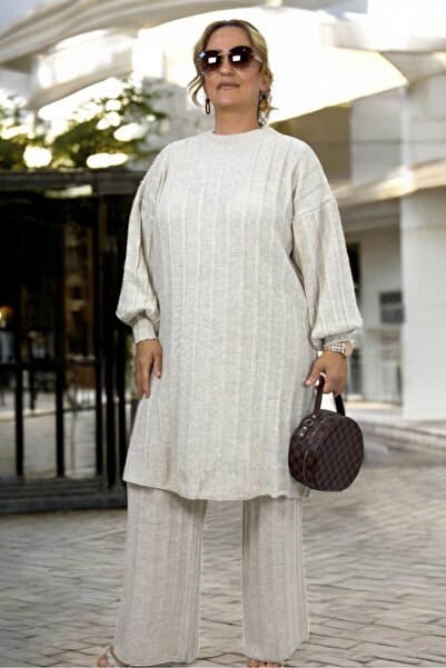 yagmurberen Low Balloon Sleeve Stripe Knitted Tunic Waist Elastic Pants Large Size Winter Knit Set