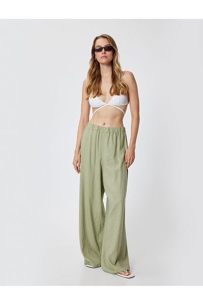 Koton Leinenhose mit weitem Bein und Taschen – Lockere Passform, Standardtaille
