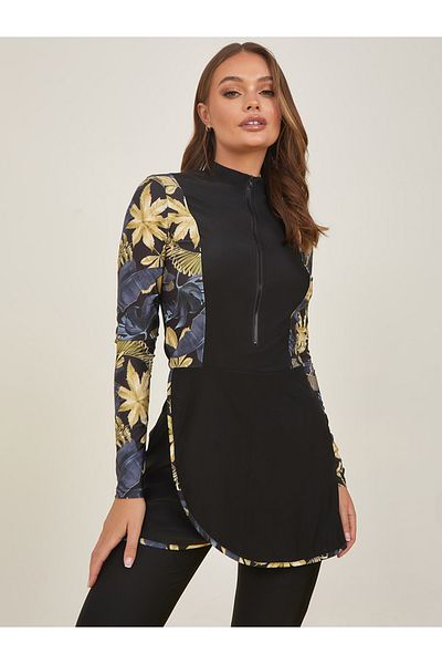 Styli Printed Contrast Peplum Zip Burkini