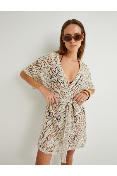 Koton Şahika Ercümen Crochet Kimono - Elbow Length, Short Sleeve and Belt