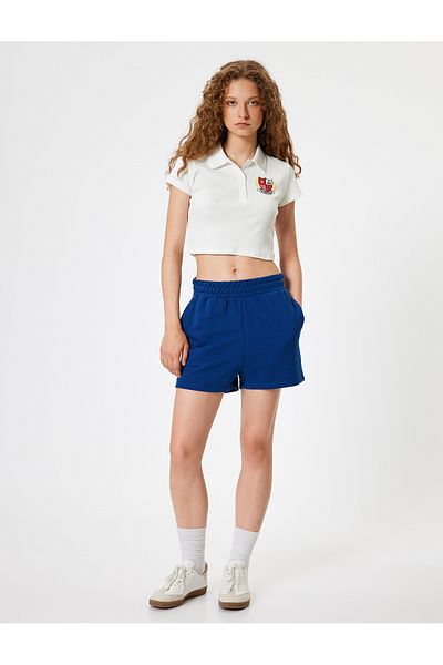 Koton College Embroidered Polo Neck Crop T-Shirt - Short Sleeve, Buttoned Slim Fit