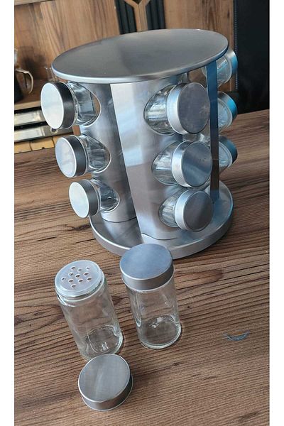 ALOHA Set of 12 Stainless Steel Metal Rotating Stand Glass Spice Rack Set of 12