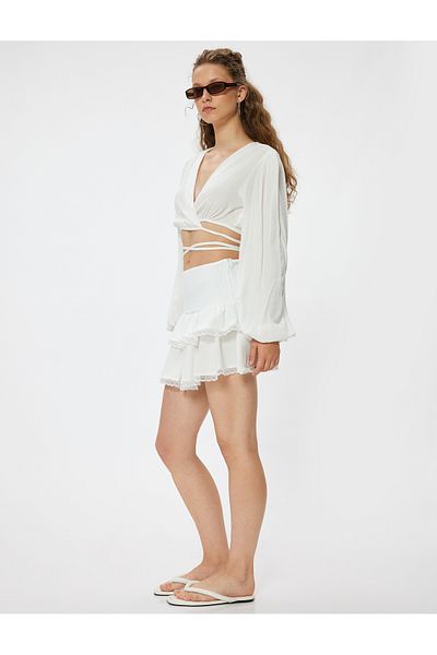 Koton Frilly Mini Skirt, Wrap-Tie, Elastic Waist, Lace Detail