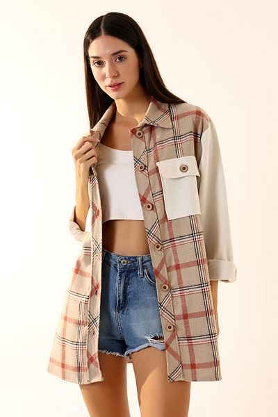 Union and Joy Дамска кафява екрю карирана риза Lumberjack Oversize