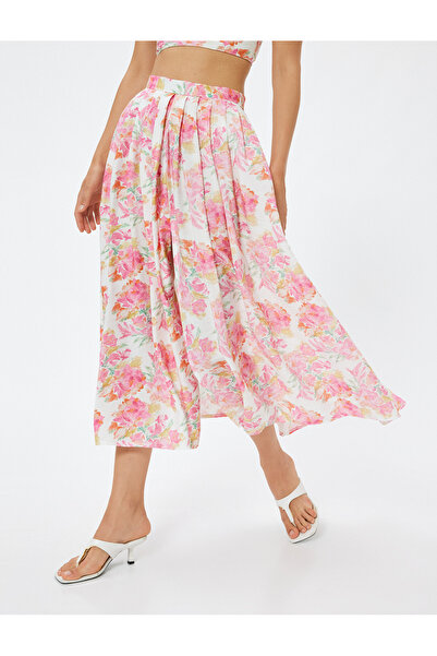 Koton Long A-Line Skirt - Floral Pattern, Pleated and Slit