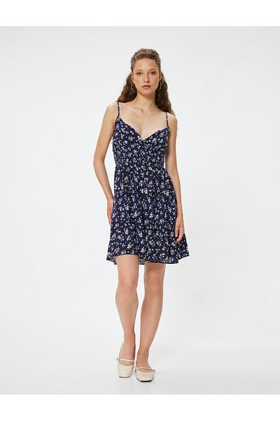Koton Μίνι Floral Φόρεμα A-Line V-Neck - Σχοινί λουράκι, ελαστικό, Slim Fit