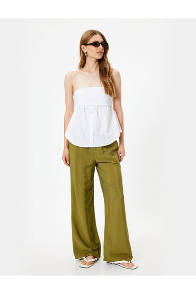 Koton Viscose Pocket Wide Leg Trousers - Elastic Waist Tie