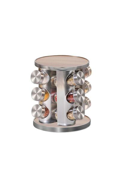 ALOHA Emir 12-Piece Circular Wooden & Stainless Steel Spice Rack with Rotating Stand