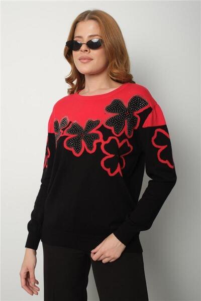 Clothes Fast Women's Red Two-Tone Jewelled Crew Neck Knit Blouse