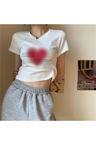 1blood Y2k Heart Aesthetic Heart Printed White Crop