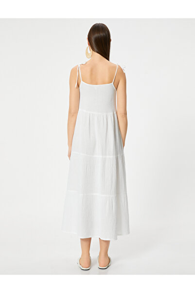 Koton Langes Strandkleid aus Baumwolle mit Kordelträgern und Bindedetail