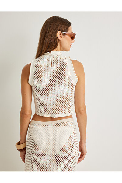 Koton Şahika Ercümen - Crochet Crop Top, Sleeveless and Light Stand Collar