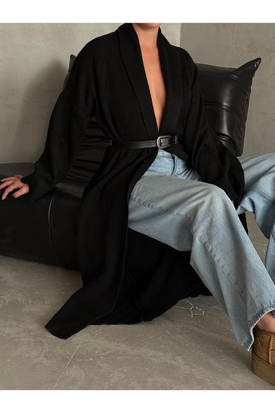 Laluvia Fekete Sahra Long Plain Cardigan-4164