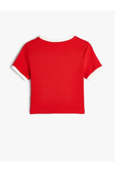 Koton Cotton Crop T-Shirt - Short Sleeve, Crew Neck, Sequin Slogan Printed