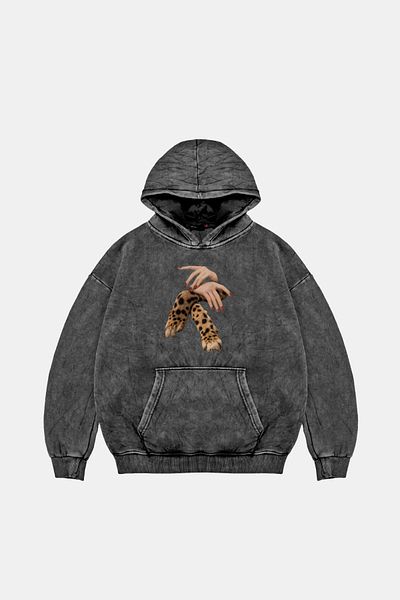Sekizbiraltı Hanorac negru, supradimensionat, unisex, cu imprimeu manual leopard