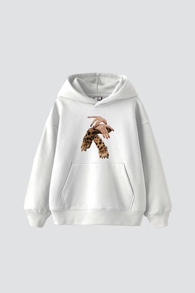 Sekizbiraltı Leopard Hand Printed Oversize Unisex Premium White Hoodie