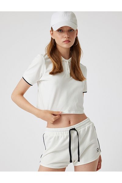 Koton Lace-Up Waist and Ribbed Pocket Mini Shorts - Slogan Embroidered
