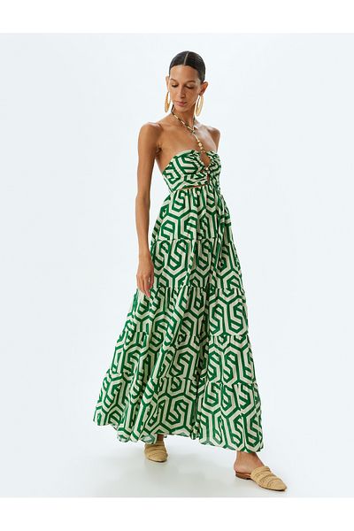 Koton Sommerkleid aus Baumwolle mit geometrischem Muster – langer Neckholder, Fensterdetail