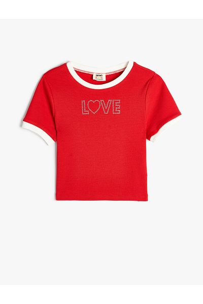 Koton Cotton Crop T-Shirt - Short Sleeve, Crew Neck, Sequin Slogan Printed