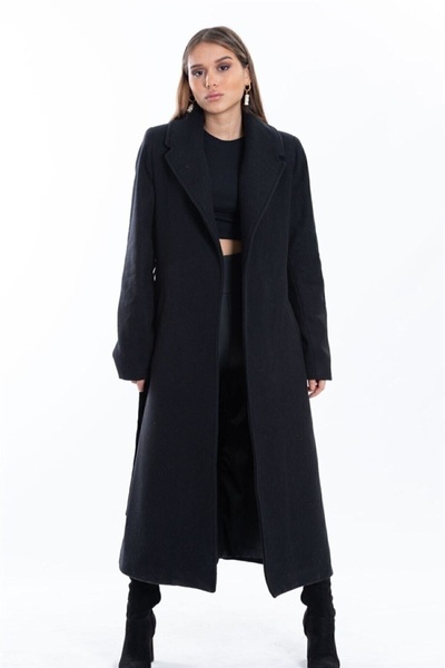 beeke Černý dlouhý kašmírový kabát s páskem a kapsami New-9