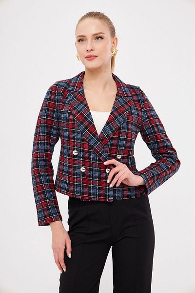 armonika Women's Red Navy Blue Double Breasted Collar Tweed Crop Jacket ARM-24K001014
